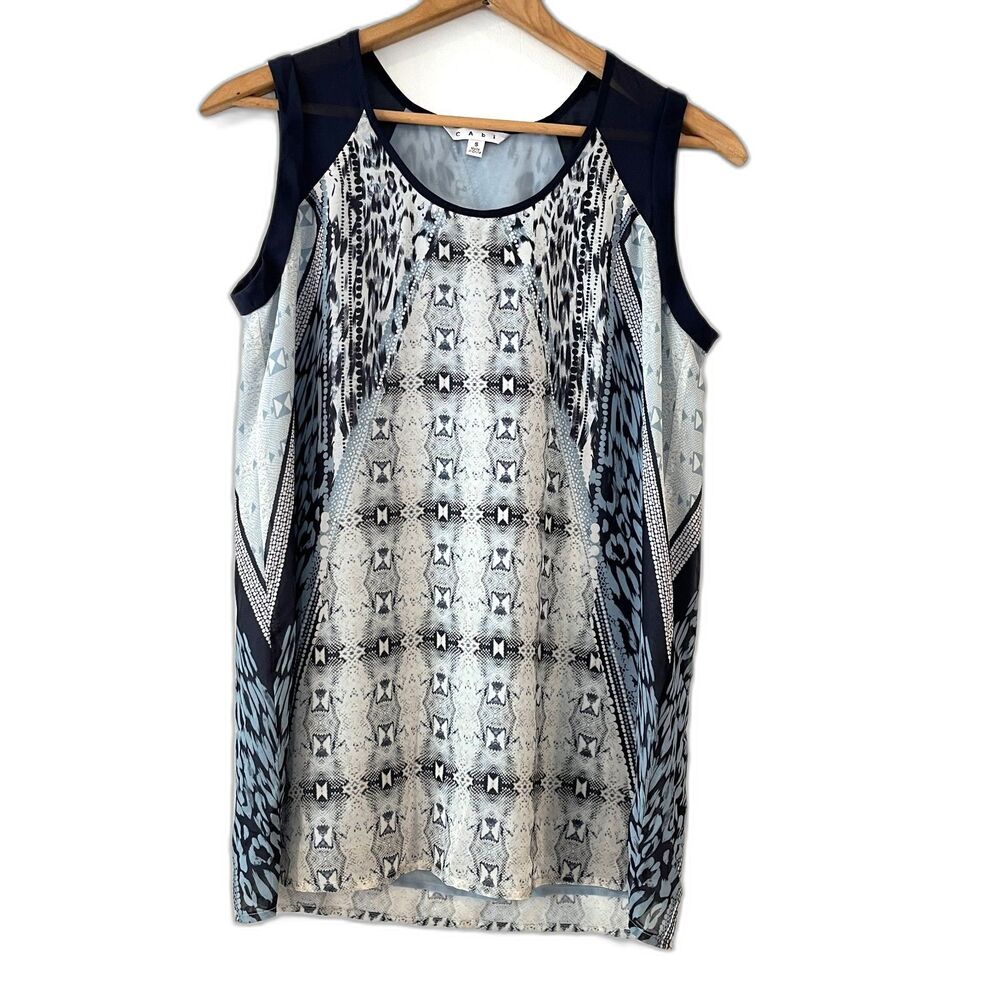 CAbi Blue Snakeskin Sleeveless Blouse Mixed Print Chiffon Small Lined